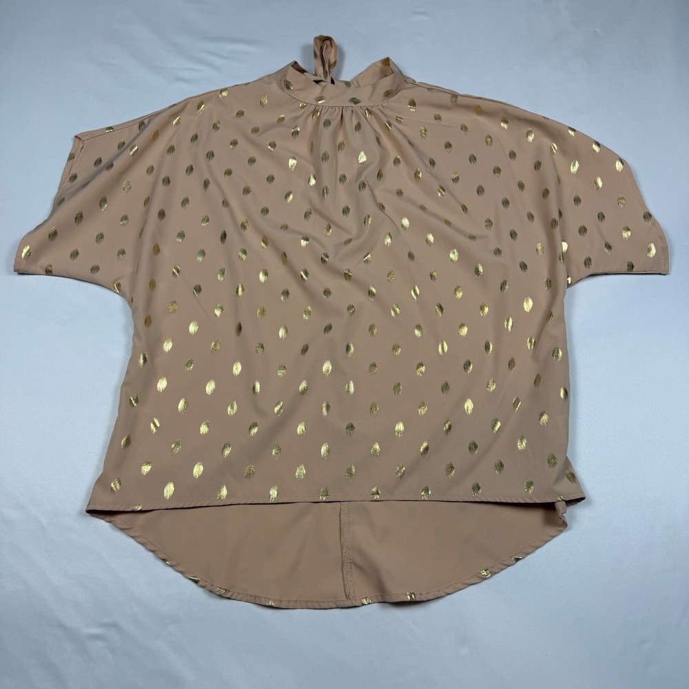 SHEIN Blouse Womens S Peach Gold Metallic Foil Mock Neck Tie Back